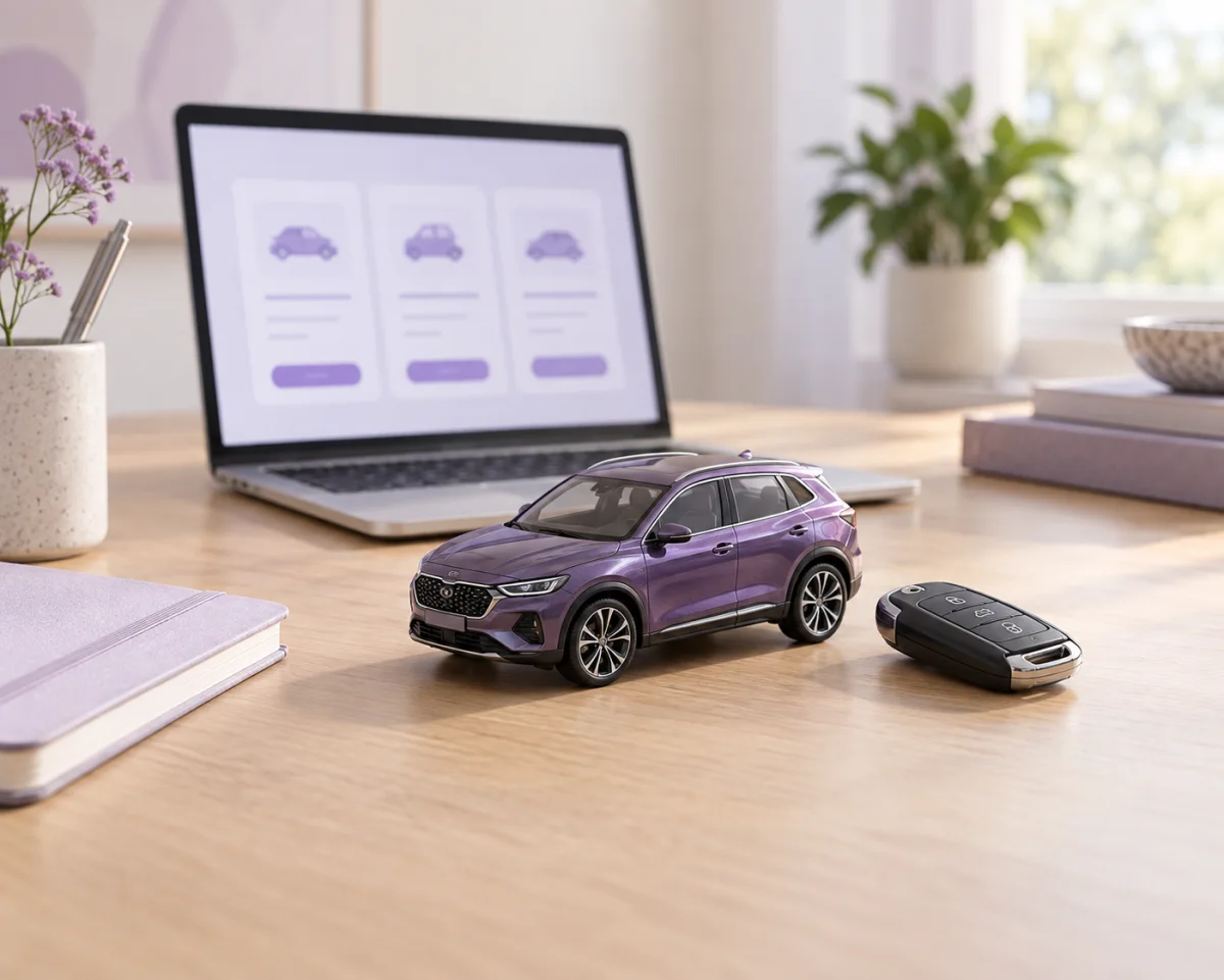 Laptop met een vergelijking van autoverzekeringen, een paarse modelauto en een autosleutel
